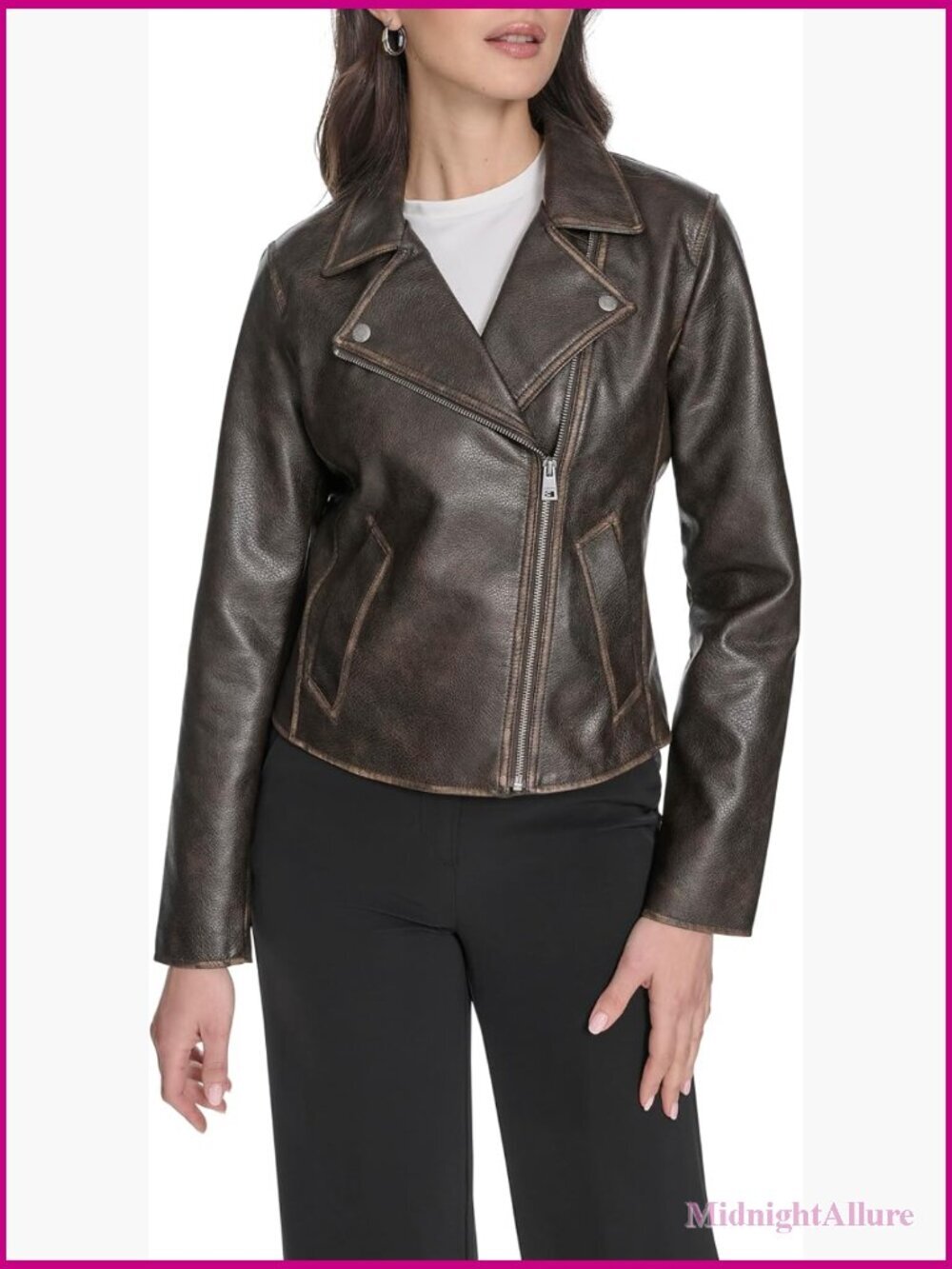Faux Leather Moto Jacket with Snap Lapels & Welt Pockets